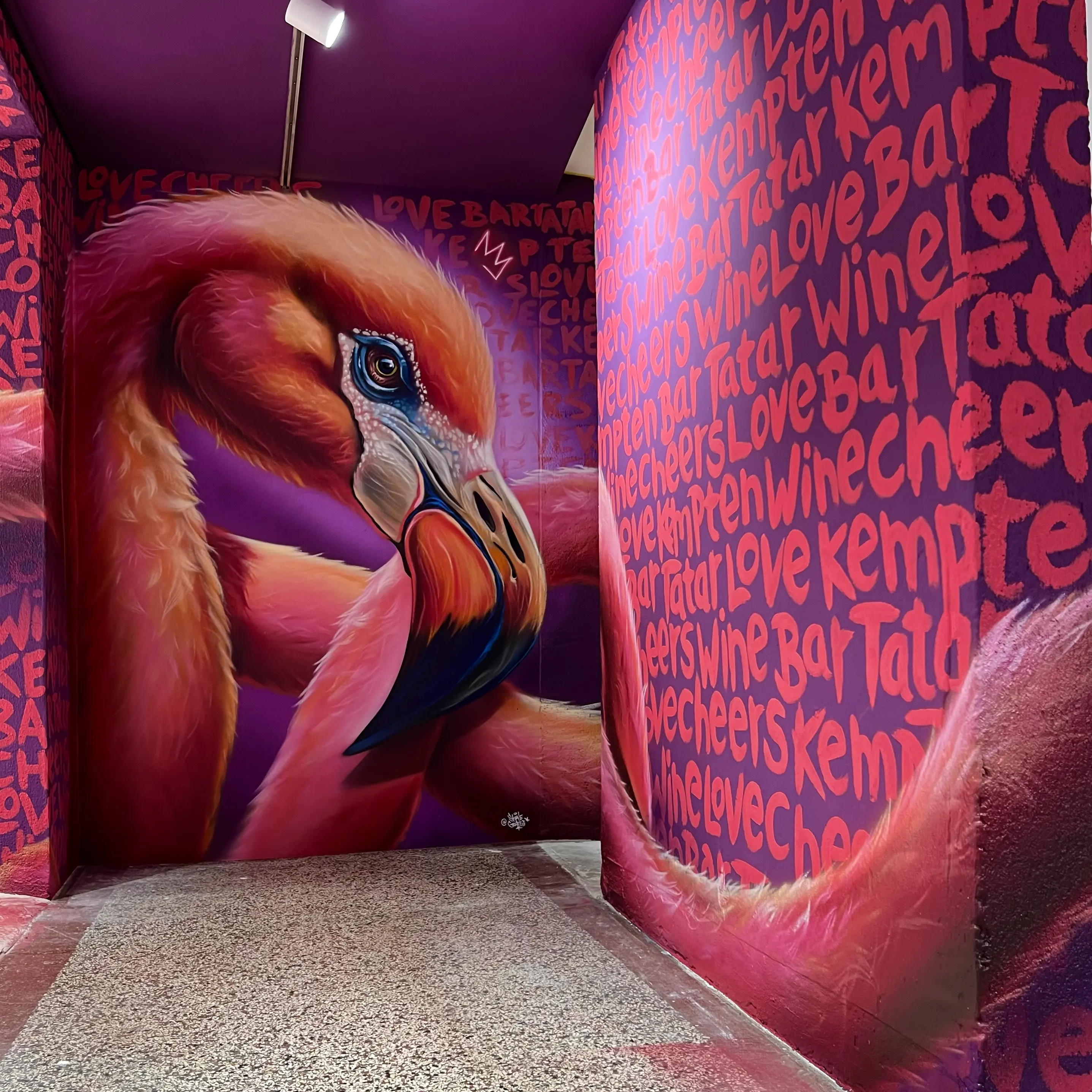Großflächiges, farbintensives Graffiti in einem Innenraum zeigt den Kopf eines Flamingos mit detailreich gemaltem Gefieder und markantem Schnabel. Das realistisch gestaltete Wandgraffiti erstreckt sich über mehrere Wände und ist von typografischen Schriftzügen in Rosa- und Lilatönen umgeben, wodurch ein immersiver, kunstvoller Raumeindruck entsteht.